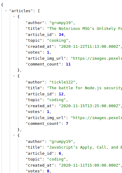 screenshot of News Now API response